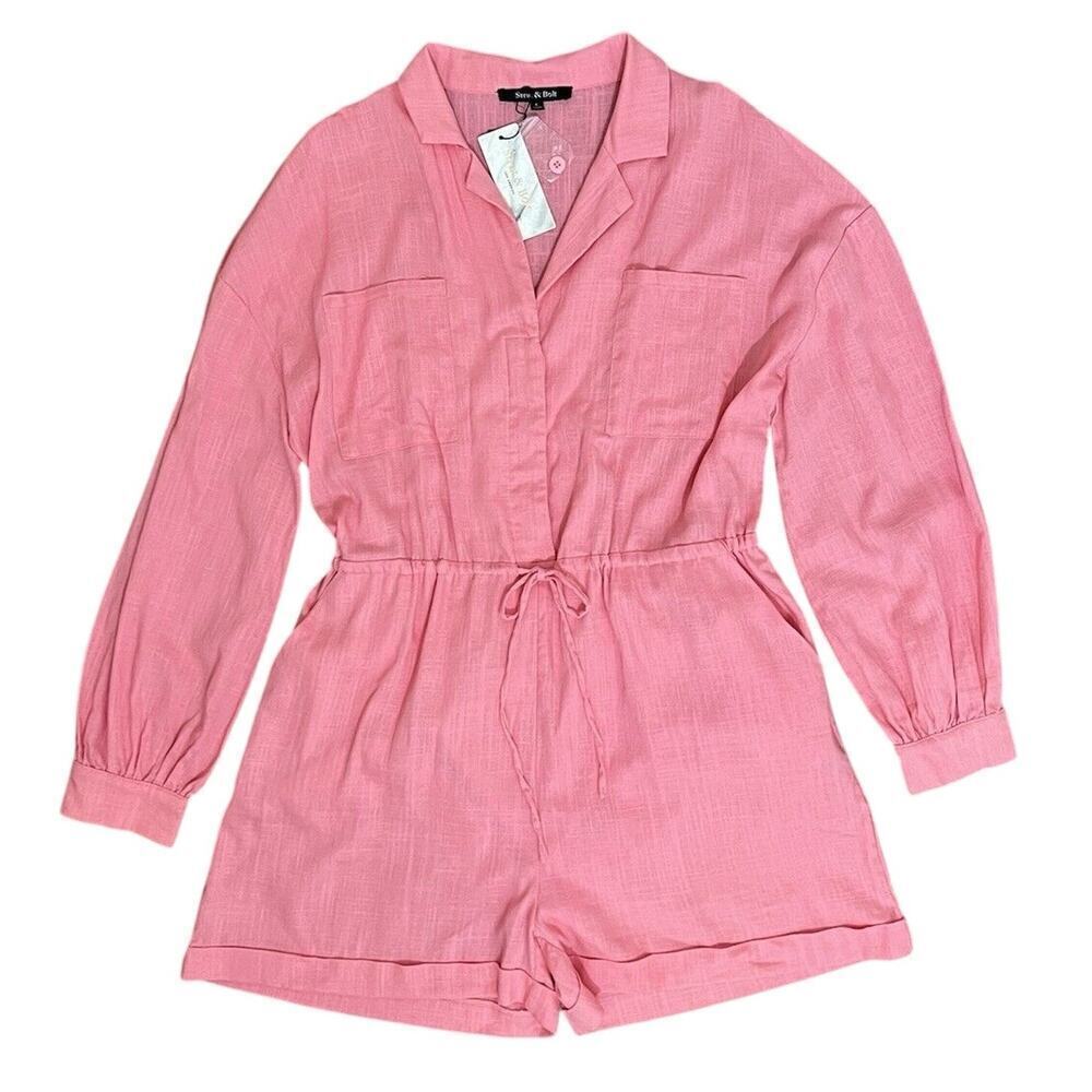 Strut & Bolt Romper Onepiece Women’s Sz L Pink Linen Blend Drawstring Waist NWT